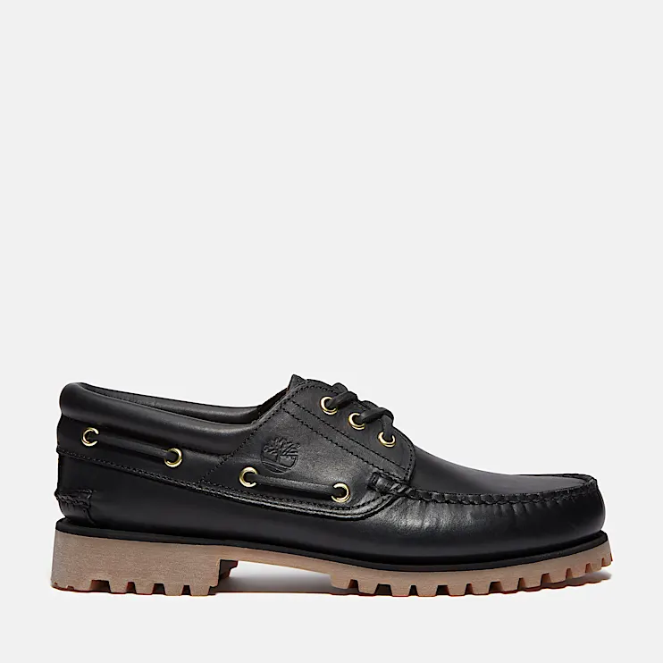 Mens Timberland Authentic 3Eye Lug Handsewn Boat Shoe TBL Black FullGrain HERO